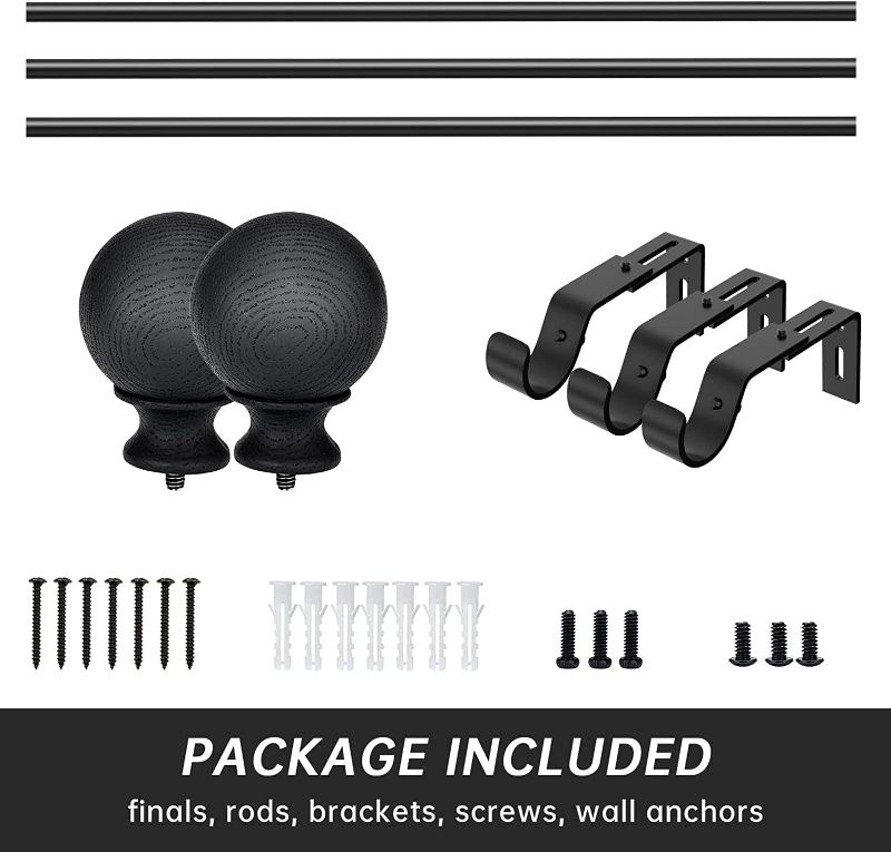 Photo 1 of BRIOFOX Black Curtain Rods for 72 to 144 inch - Adjustable 1 Inch Thicken Curtain Rods, Decorative Drapery Single Window Rods with Imitation Wood Grain Finials