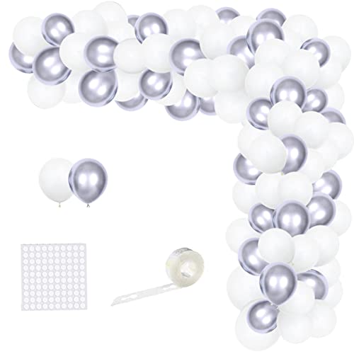 Photo 1 of LUDEOU Silver White Balloons Garland Kit, Metallic Silver Balloons Matte White Silver Latex Balloons 16Ft Arch Holder Tools for Silver White Baby & Bridal Shower Wedding Birthday Silver Party Decorations