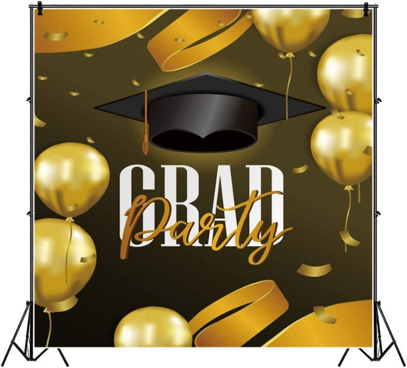 Photo 1 of Baocicco 9X9ft Vinyl  Class Graduation Photography Backdrop Black and Gold Bachelor Cap Balloon Grad Congrats Party Banner Background for Picture Photo Photobooth Decoration