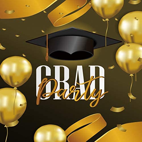 Photo 2 of Baocicco 9X9ft Vinyl  Class Graduation Photography Backdrop Black and Gold Bachelor Cap Balloon Grad Congrats Party Banner Background for Picture Photo Photobooth Decoration