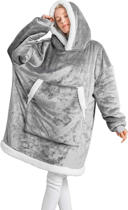 Photo 1 of RECYCO Oversized Wearable Blanket Hoodie for Women, Warm Cozy Soft Sherpa Fleece Hoodie Blanket for Men Adults, Thick Big Hooded Sweatshirt Blanket Grey, Medium Size