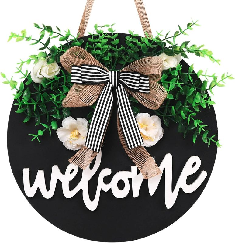 Photo 1 of VUDECO Rose Flower Welcome Sign For Front Door Decor - Welcome Wreaths For Front Door Signs - Black Rustic Farmhouse Welcome Sign - Front Porch Decor Front Door Decorations Spring/Winter/fall 12''