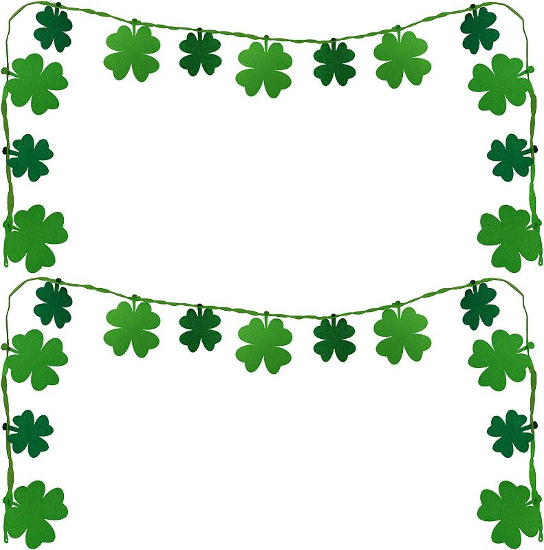Photo 2 of (3 pcs) St. Patricks Day Banner,Lucky Irish Green Shamrock Hanging Flags Decorations,Banner & Spiral Streamers Leprechaun Hat Hanging Swirls Decor for Holiday Home Party, 11.2' Long Felt Shamrock Party Garland Green Four Leaf Clover Banner Garland Backdro