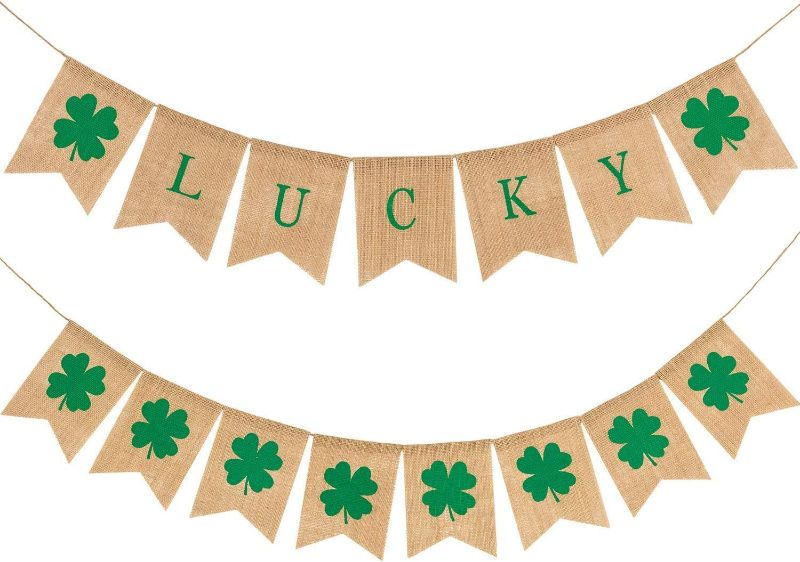 Photo 1 of (3 pcs) St. Patricks Day Banner,Lucky Irish Green Shamrock Hanging Flags Decorations,Banner & Spiral Streamers Leprechaun Hat Hanging Swirls Decor for Holiday Home Party, 11.2' Long Felt Shamrock Party Garland Green Four Leaf Clover Banner Garland Backdro