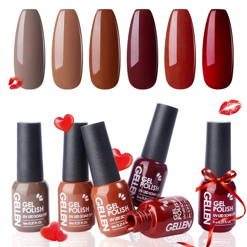 Photo 1 of Gellen Gel Nail Polish Kit, 6 Colors Brown Reds Gel Polish Set, Trendy Fall Winter Season Home/Salon Nail Gel Polish Manicure Kit