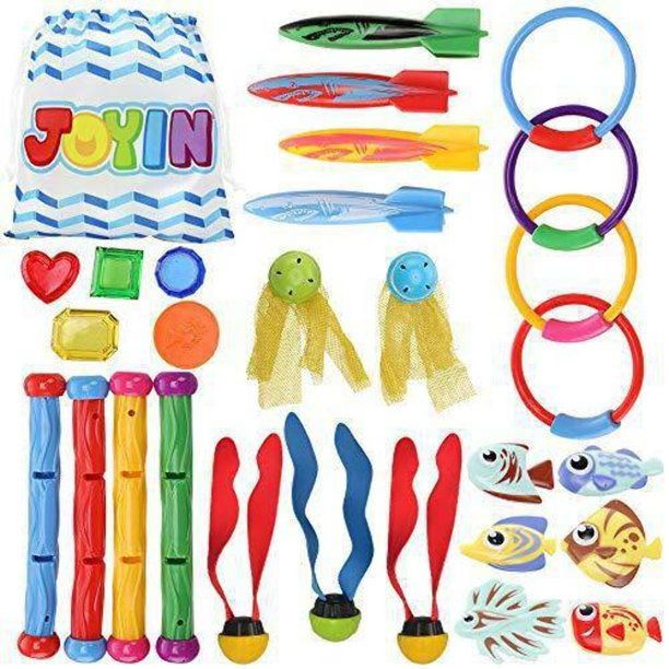 Photo 1 of JOYIN 28 Pcs Diving Pool Toys Jumbo Set with Storage Bag Includes (4) Diving Sticks, (4) Diving Rings, (4) Toypedo Bandits,(5) Pirate Treasures, (6) Fish Toys, (3) Diving Toy Balls, (2) Stringy Octopus