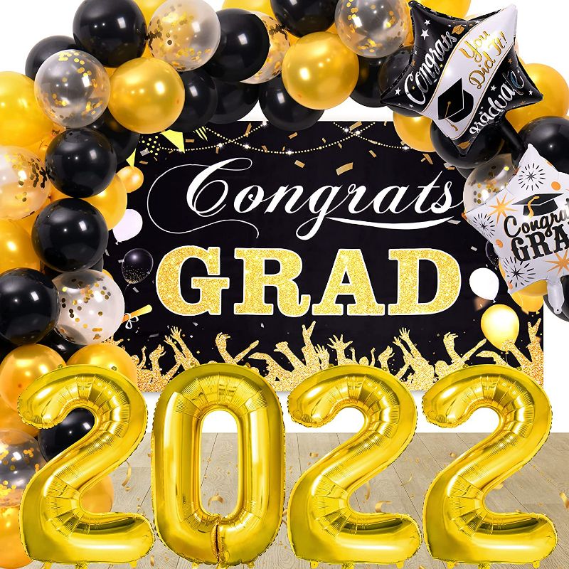 Photo 1 of MOMOHOO Graduation Party Decorations 2023-47Pcs Class of 2023 Graduation Decorations, Graduation Congrats Grad Backdrop Banner/2022 Balloon/Black and Gold Confetti Balloon, Graduation Party Supplies