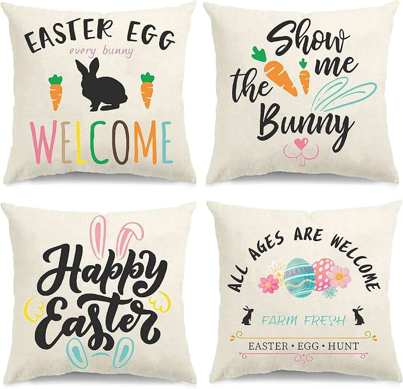 Photo 1 of docuwee easter throw pillow covers 18x18 set of 4, bunny easter egg rabbit farmhouse pillow cushion cases for living room sofa, couch, bed, home decor paschal blessing