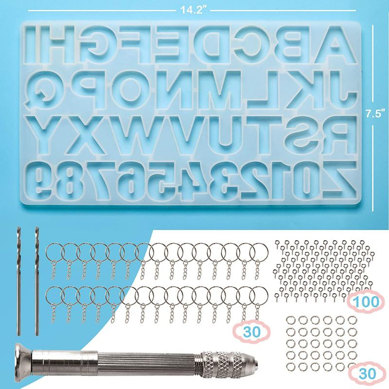 Photo 2 of Mocoosy 134Pcs Silicone Alphabet Resin Molds Kit Letter Number Silicone Mold Epoxy Resin Casting Molds Keychain Making Set with 1 Hand Drill 2 Drill Bits 30 Key Rings 100 Screw Pins