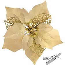 Photo 1 of CQURE 20 Piece Christmas Poinsettia Flowers Artificial,Glitter Fake Poinsettia Wedding Flowers Decoration Christmas Tree Ornaments with Clips (Gold)
