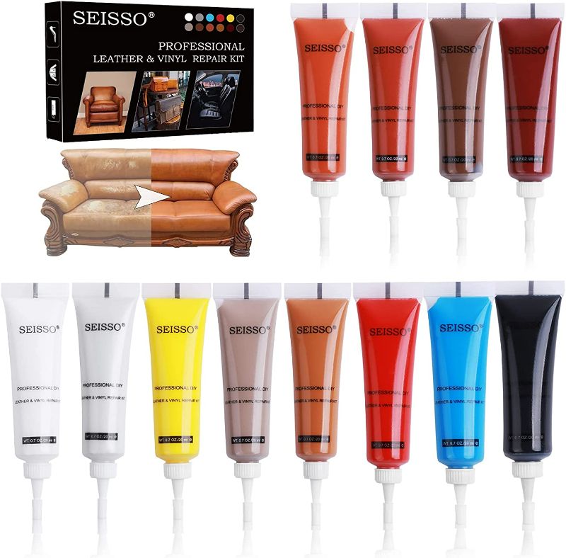 Photo 1 of SEISSO Leather Repair Kits for Couches, Restoring Touch up Leather and Vinyl Furniture Car Seat Jacket, Leather Repair Color Gel Covers Scratches, Scrapes, Scuffs, Scuffed & Faded Leather, 12 Color