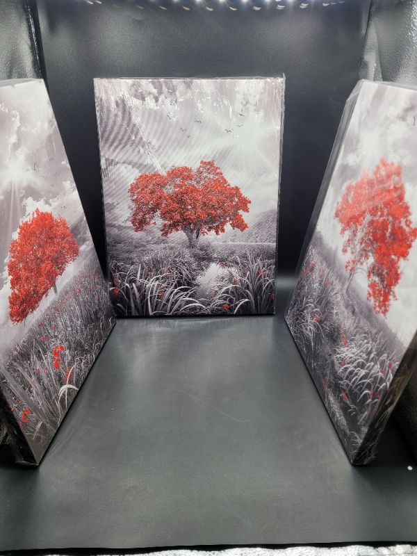 Photo 2 of Canvas Wall Art Bedroom Decor Red Wall Art Abstract Grey Sky Tree Painting Large Framed Modern Wall Pictures for Living Room Home Office Kitchen Scenery Decorative 12inch*16inch*3 piece