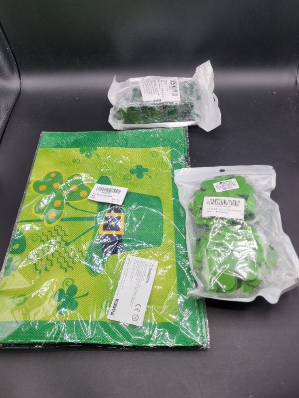 Photo 1 of Assorted St Patricks Day Decor Bundle: 8 Pieces Saint Patty's Day Napkin Rings Set St. Patrick's Day Green Clover Napkin Ring, Happy St. Patrick's Day Garden Flag Decorative Clovers Irish Green Shamrocks 12 x 18,Felt Shamrock Party Garland Green Four Leaf