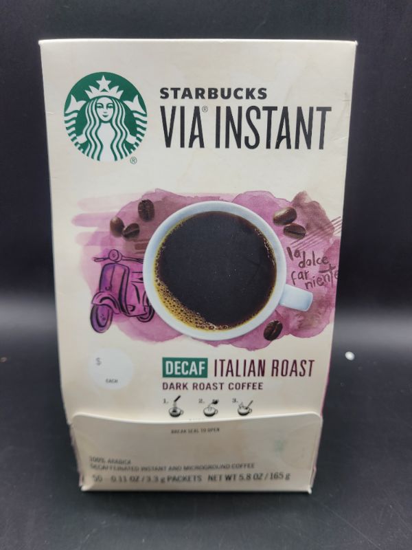 Photo 3 of Starbucks VIA Instant Coffee—Dark Roast Coffee—Decaf Italian Roast—100% Arabica—1 box (50 packets) Decaf Italian 50 Count (Pack of 1)