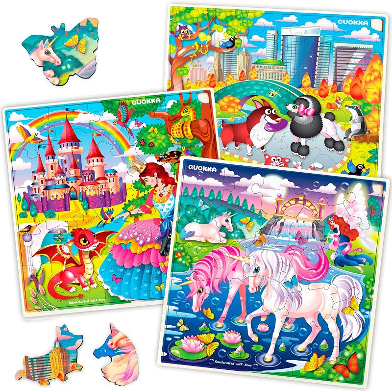 Photo 1 of Wooden Jigsaw Puzzle for Toddlers Set of 3 Puzzles "Castle, Princesses, Unicorns 