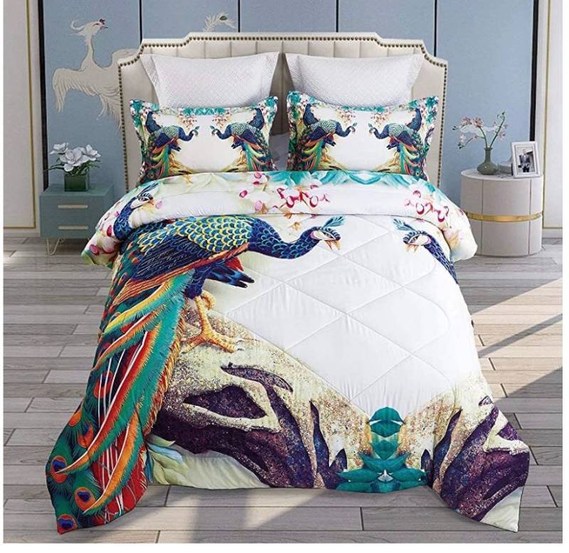 Photo 1 of ENCOFT Beautiful Color Peacock Family Bedding Comforter Sets Soft Tencel Cotton Phenix Birds Queen Size Bed Comforter Sets with Pillow Shams,3 Pieces Quilted Comforter Bedspread Sets(Phenix,Queen)