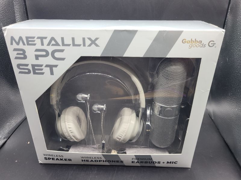 Photo 2 of GabbaGoods 3 Piece Metallix Electronics Gift Combo Set- Includes a Gabba Goods Bluetooth Wireless Audio Sound Speaker, Over the Ear Bluetooth Foldable Headset, & Earbuds with built-in Mic- Silver