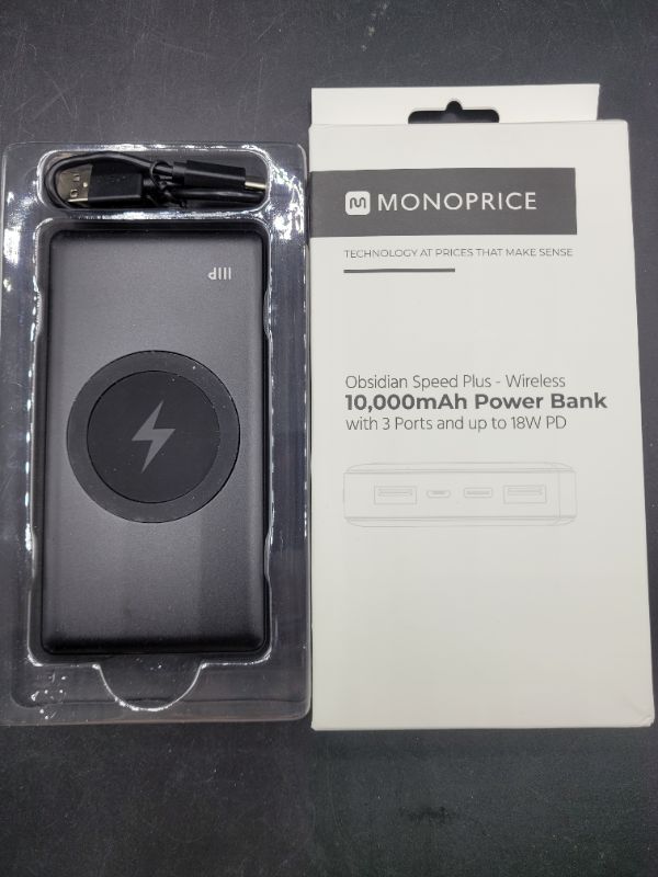 Photo 2 of Monoprice Obsidian Speed Plus EZ Read USB Power Bank, Black, 10,000mAh, 2-Port Up to 18W PD (3A) Output for iPhone, Android, and Galaxy Devices.