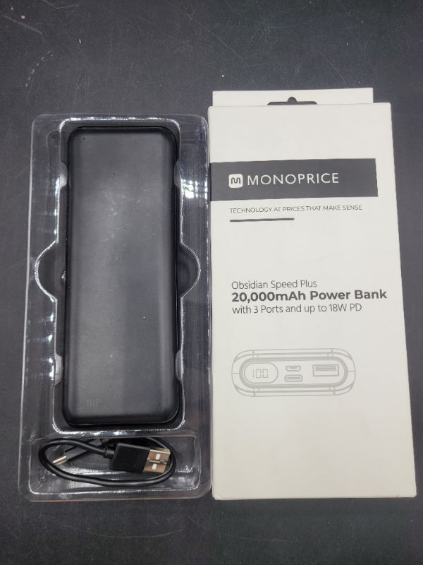 Photo 2 of Monoprice Obsidian Speed Plus EZ Read USB Power Bank_ 20,000mAh with 3 ports Black_ 20_