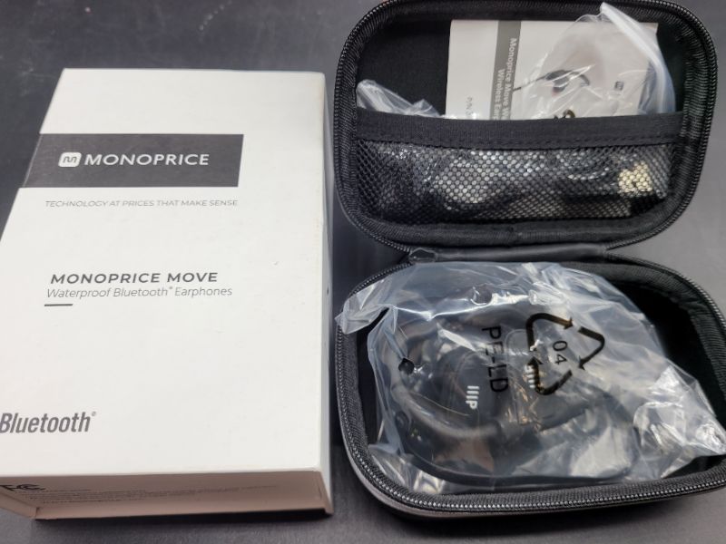 Photo 2 of Monoprice Wireless Bluetooth Earphones - Black With Built-In Mic, Adjustable Ear Hooks, Waterproof, Sweatproof IPX7, CVC 6.0