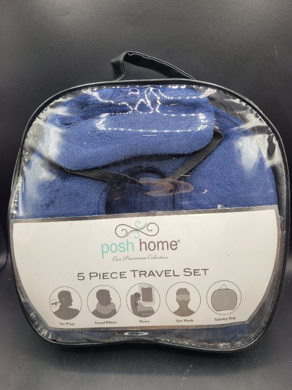Photo 1 of PoshHome 5 Piece Travel Set: Ear plugs, Travel Pillow, Eye Mask, Toiletry Bag, Shiny Velvet Throw 40 X 60 in 