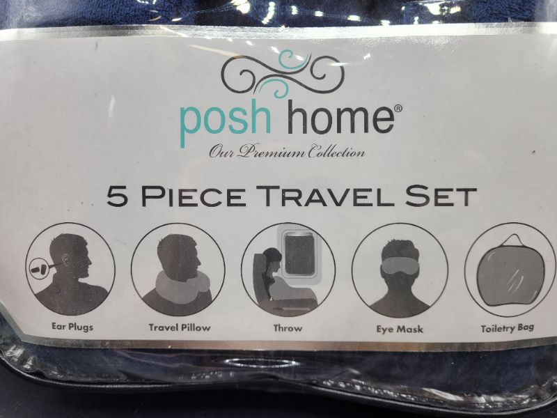Photo 2 of PoshHome 5 Piece Travel Set: Ear plugs, Travel Pillow, Eye Mask, Toiletry Bag, Shiny Velvet Throw 40 X 60 in 