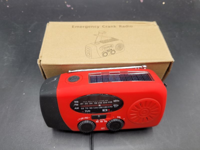 Photo 2 of Monoprice 41661 2000mAh Weather Radio Emergency Solar Hand Crank AM & FM Radio with LED Flashlight SOS Alarm Power Bank; Red