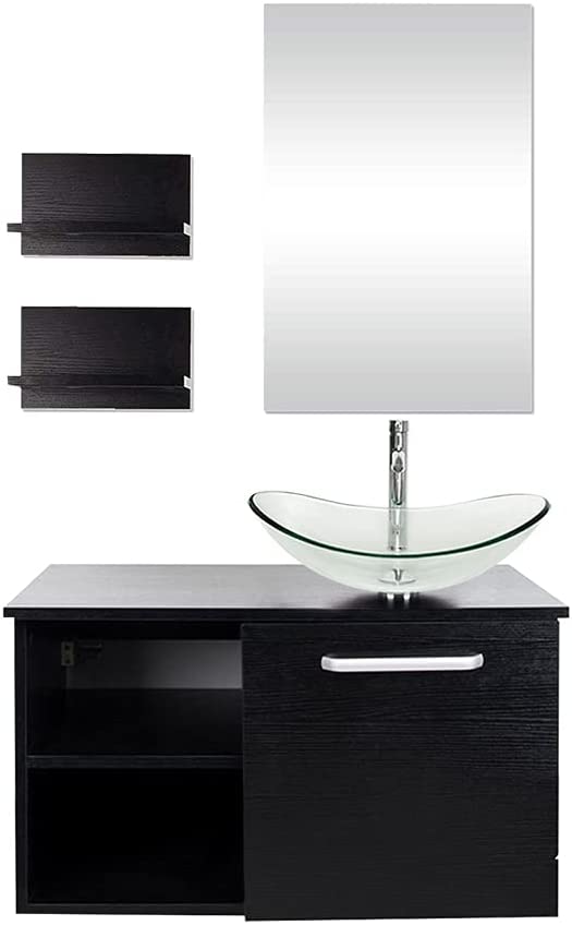 Photo 1 of 28 in. W x 19 in. D x 28 in. H Single Sink Bath Vanity in Black with Black Solid Surface Top and Mirror