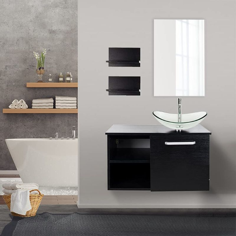 Photo 2 of 28 in. W x 19 in. D x 28 in. H Single Sink Bath Vanity in Black with Black Solid Surface Top and Mirror