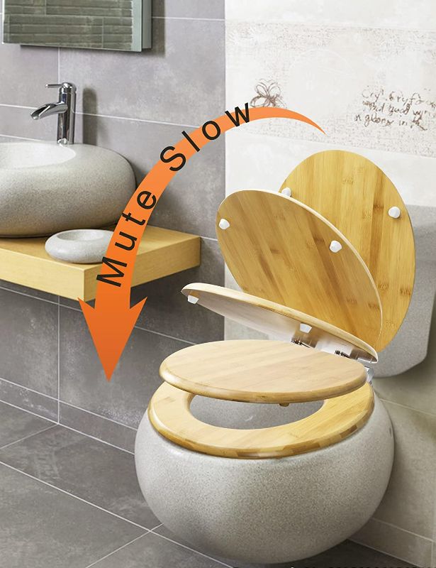 Photo 2 of Round Bamboo Toilet Seat with Lid Quick Release Slow Close Zinc Alloy Strong Hinges Natural Bamboo, Light