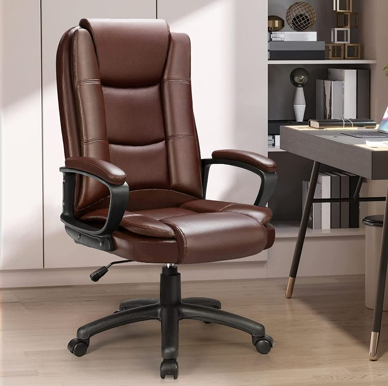 Photo 1 of PUKAMI Home Office Desk Chair,Managerial Executive Chair,Ergonomic High Back Computer Chair with Cushions Armrest,Height Adjustable Big and Tall PU Leather Chair with Lumbar Support (Brown)