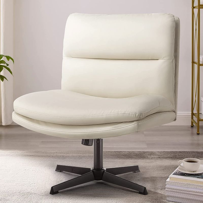Photo 1 of PUKAMI Armless Desk Chair No Wheels,PU Leather Criss Cross Legged for Home Office,Modern Swivel Vanity,Mid-Back Computer Chair,Height Adjustable Wide Seat Task Chair (Beige)