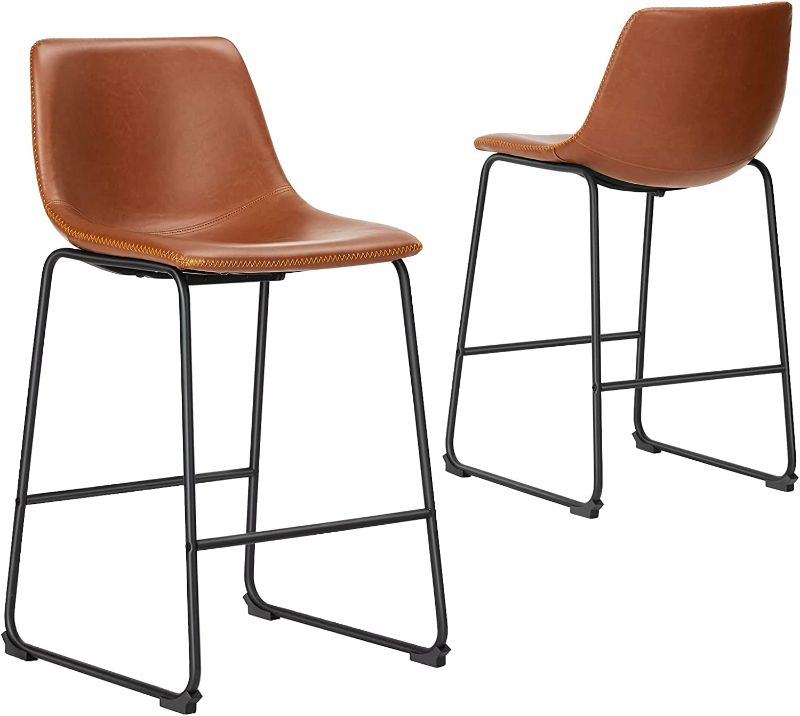 Photo 1 of Bar Stools Set of 2, Counter Height Bar Stools with Back, 26 inch Armless Industrial Faux Leather Barstools with Metal Legs and Footrest, Dining Chairs for Home Office Kitchen Island, Whiskey Brown