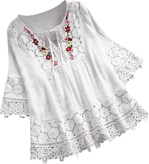 Photo 1 of Plus Size Blouse Women Vintage Lace Patchwork Bow V-Neck Embroidery Summer Three Quarter Retro Solid Tops T-Shirt XL