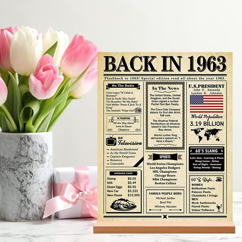 Photo 3 of Trgowaul 60th Birthday Decoration for Women Men Vintage 1963 Newspaper Poster, Back in 1963 Birthday Poster Acrylic Table Sign with Stand, 60 Birthday Decor Gifts, 60 Years Ago Born in 1963 Decoration