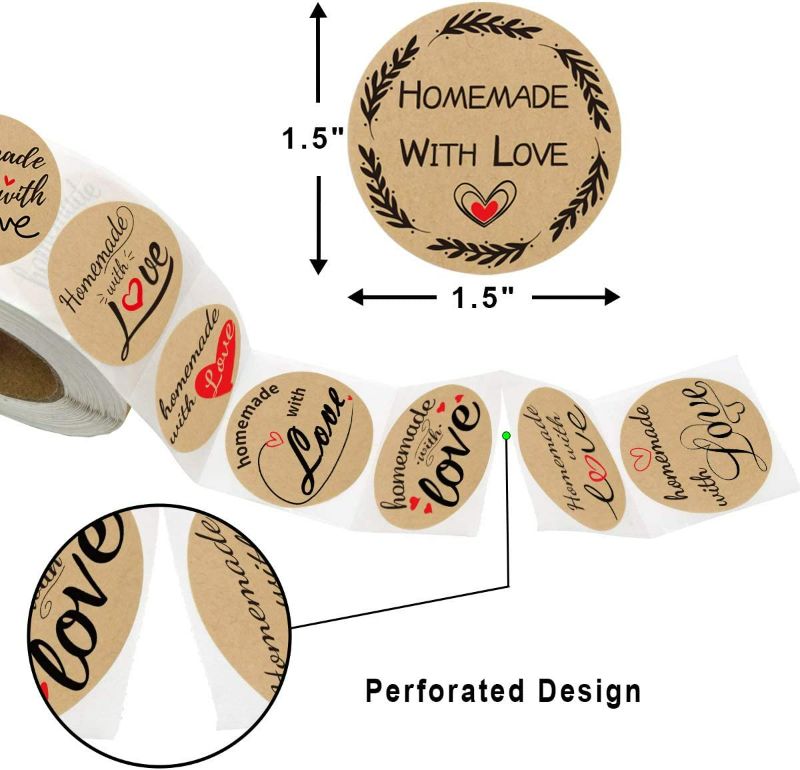 Photo 2 of 500Pcs Homemade with Love Stickers Perforated Roll Sticker Labels Home Kitchen Stickers for Homemade Bread 1.5 Inch 9 Designs