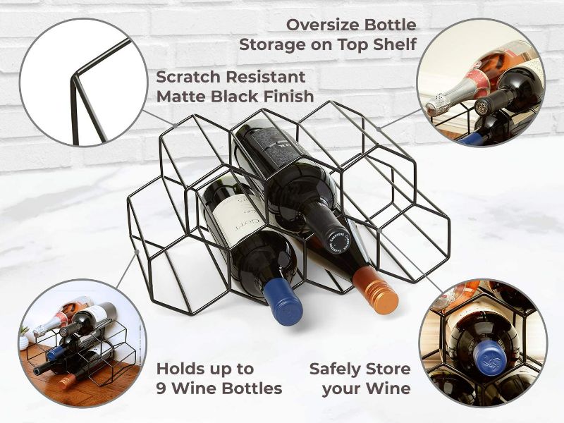 Photo 2 of Countertop Wine Rack - 9 Bottle Wine Holder for Wine Storage - No Assembly Required - Modern Black Metal Wine Rack - Wine Racks Countertop - Small Wine Rack - Wine Bottle Storage - Tabletop Wine Rack