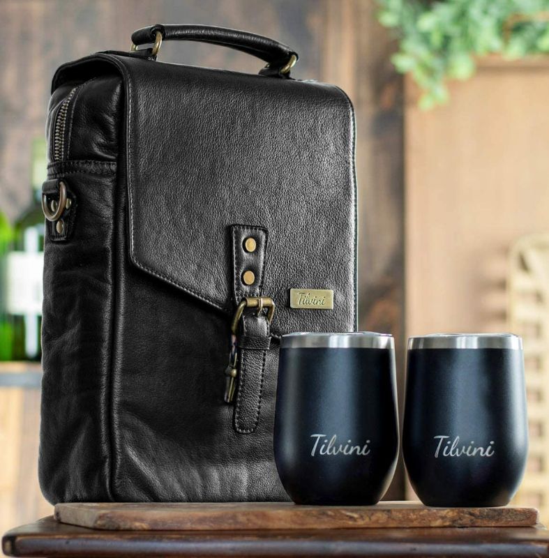Photo 1 of Tilvini Leather 2 Bottle Insulated Wine Bag And Tumblers. Wine Cooler Bag For Beach. Picnic Basket Wine Tote & Wine Glass Gift Set. Wine Gifts For Women & Men. Wine Accessories Travel Carrier Purse
