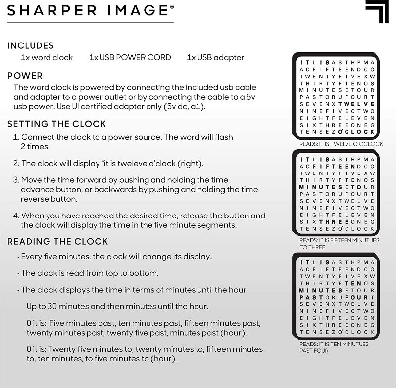 Photo 1 of SHARPER IMAGE Light Up Electronic Plug-in Word Clock, Black Finish with LED Light Display, USB Cord and Power Adapter, Unique Contemporary Home and Office Décor, Accent Desk Clock