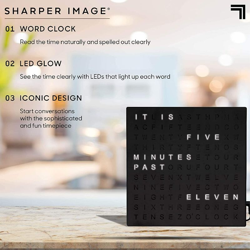 Photo 4 of SHARPER IMAGE Light Up Electronic Plug-in Word Clock, Black Finish with LED Light Display, USB Cord and Power Adapter, Unique Contemporary Home and Office Décor, Accent Desk Clock