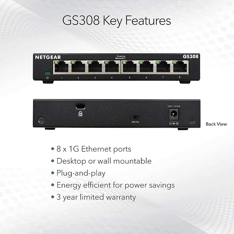Photo 3 of NETGEAR 8-Port Gigabit Ethernet Unmanaged Switch (GS308) - Home Network Hub, Office Ethernet Splitter, Plug-and-Play, Silent Operation, Desktop or Wall Mount