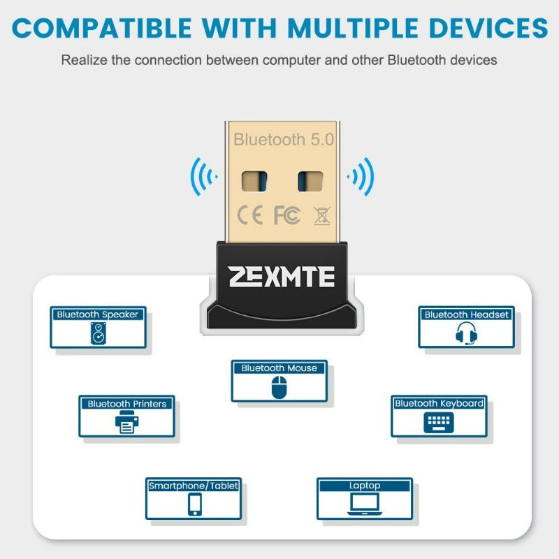 Photo 3 of Bluetooth Adapter for PC, ZEXMTE USB Bluetooth Adapter 5.0 Bluetooth Dongle Bluetooth Receiver,Bluetooth Adapter for PC Windows 10/8/7 for Desktop, Laptop, Mouse, Keyboard, Headsets, Speakers