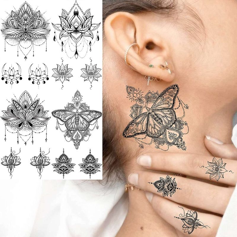 Photo 1 of EGMBGM 15 Sheets Sexy Black Lotus Temporary Tattoos For Women Fake Jewelry Indian Tribal Bohemia Lace Moon Moth Flowers Pendant Temp Tattoos Temporary Sticker For Girls Arm Neck Chest Breast Tatoos Boobs