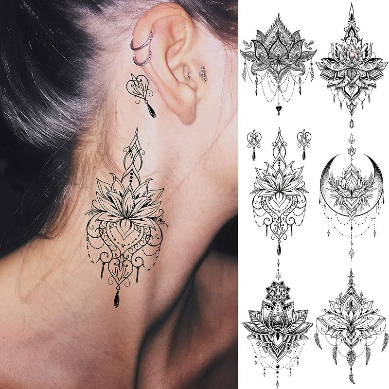 Photo 4 of EGMBGM 15 Sheets Sexy Black Lotus Temporary Tattoos For Women Fake Jewelry Indian Tribal Bohemia Lace Moon Moth Flowers Pendant Temp Tattoos Temporary Sticker For Girls Arm Neck Chest Breast Tatoos Boobs