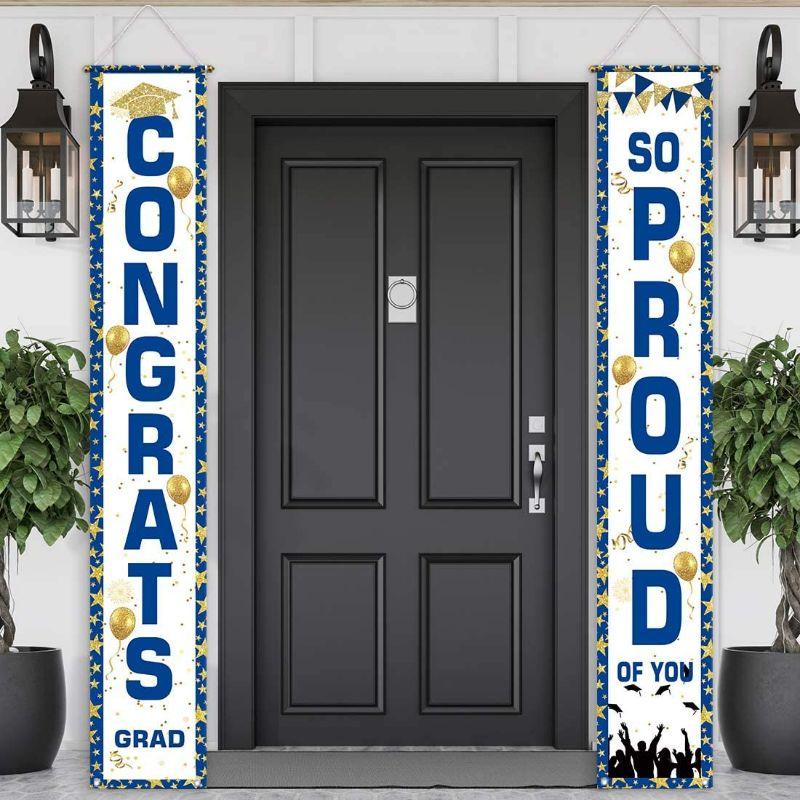 Photo 3 of Allenjoy Blue Graduation Porch Sign Congrats Grad Door Banner for Party Decoration So Proud of You Flag Welcome Hanging Wall Outdoor Indoor Polyester 11.8x70.9 Inch Home Event Decors Supplies 2PCS