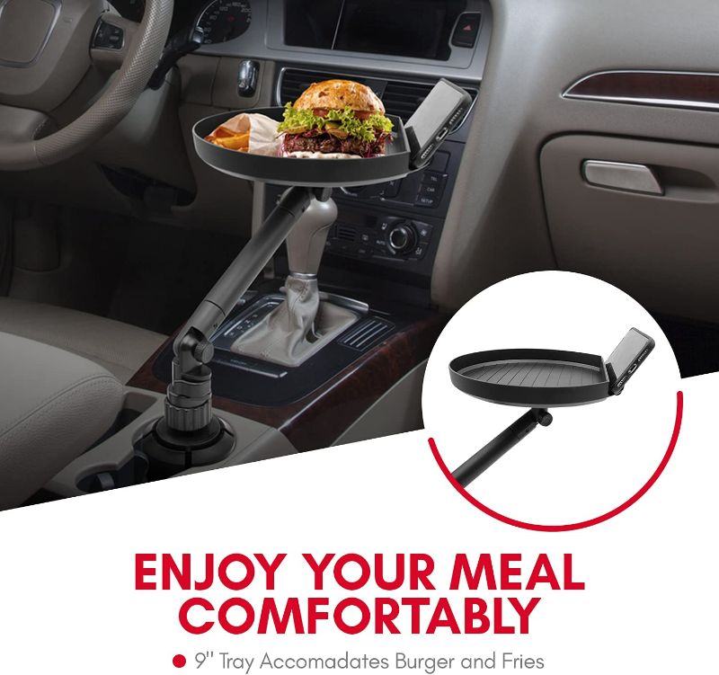 Photo 1 of Macally Cup Holder Tray for Car - Adjustable Car Tray Table - Perfect Car Food Tray for Eating with Phone Slot and Swivel Arm - Car Organizer - Road Trip Essential Car Travel Accessories Gadgets