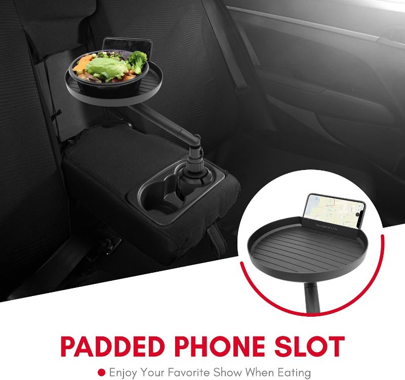 Photo 5 of Macally Cup Holder Tray for Car - Adjustable Car Tray Table - Perfect Car Food Tray for Eating with Phone Slot and Swivel Arm - Car Organizer - Road Trip Essential Car Travel Accessories Gadgets