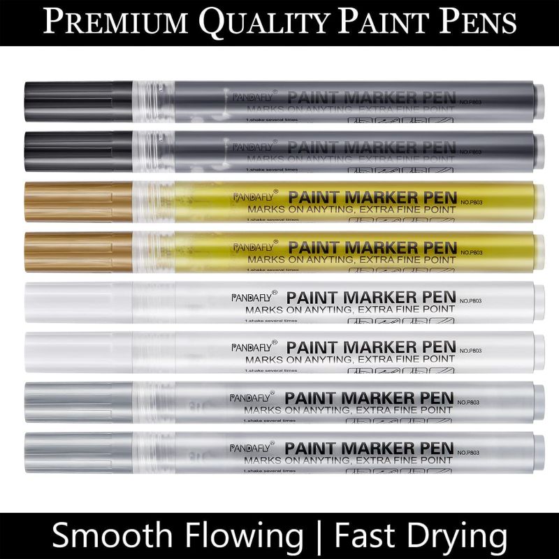 Photo 1 of PANDAFLY Acrylic Paint Pens for Rock Painting, Stone, Ceramic, Wine Glass, Wood, Fabric, Canvas, Metal. Set of 8, 2 White 2 Gold 2 Silver and 2 Black Acrylic Paint Markers Extra-Fine Tip 0.7mm
