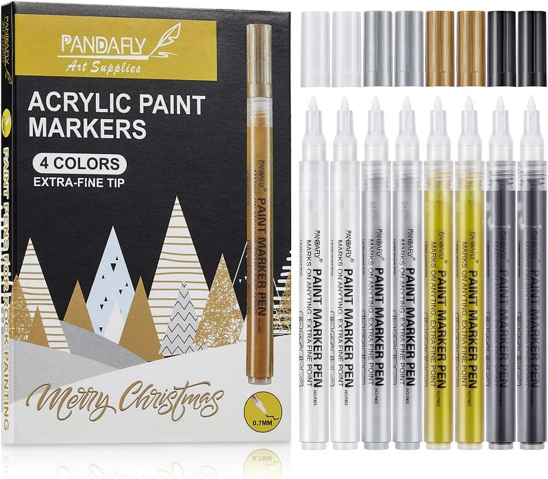Photo 2 of PANDAFLY Acrylic Paint Pens for Rock Painting, Stone, Ceramic, Wine Glass, Wood, Fabric, Canvas, Metal. Set of 8, 2 White 2 Gold 2 Silver and 2 Black Acrylic Paint Markers Extra-Fine Tip 0.7mm