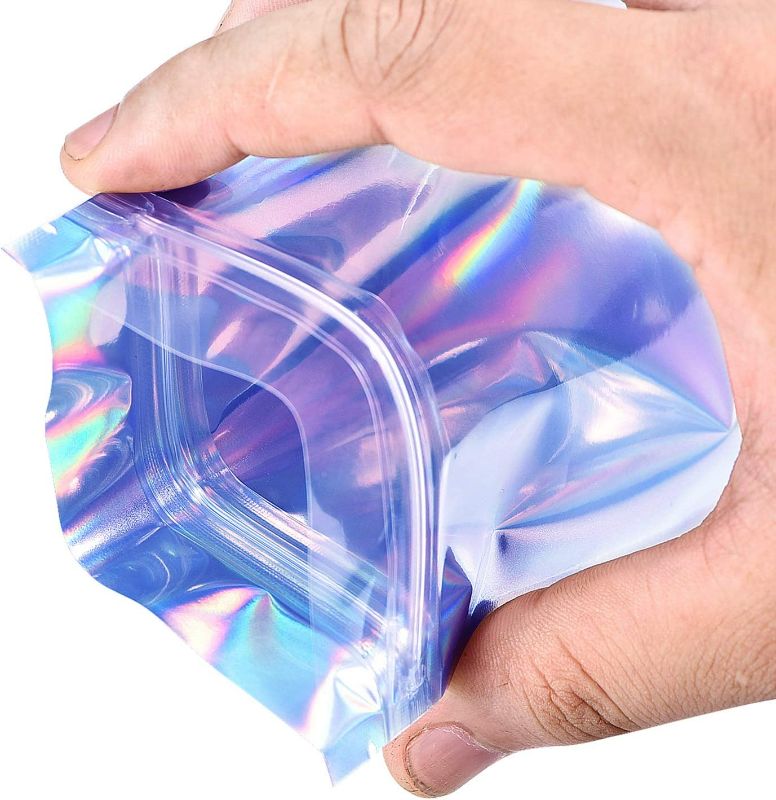 Photo 4 of 100 Pieces Resealable Smell Proof Bag 3.4x5.2 Various Size Mylar Bags Ziplock Bags Flat Clear Ziplock Storage Bags Holographic Rainbow Color